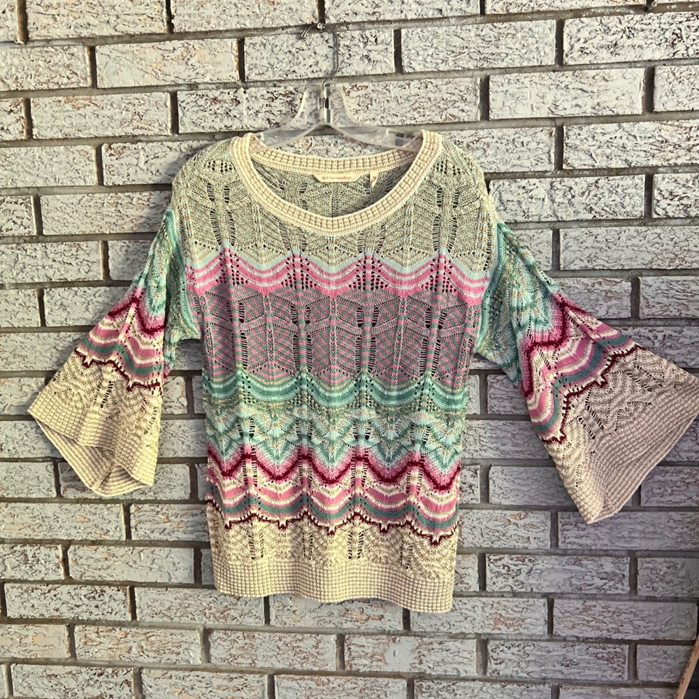 Soft Surroundings XS Metallic Chevron Pointelle Knit Bell Sleeve Sweater 2DZ82